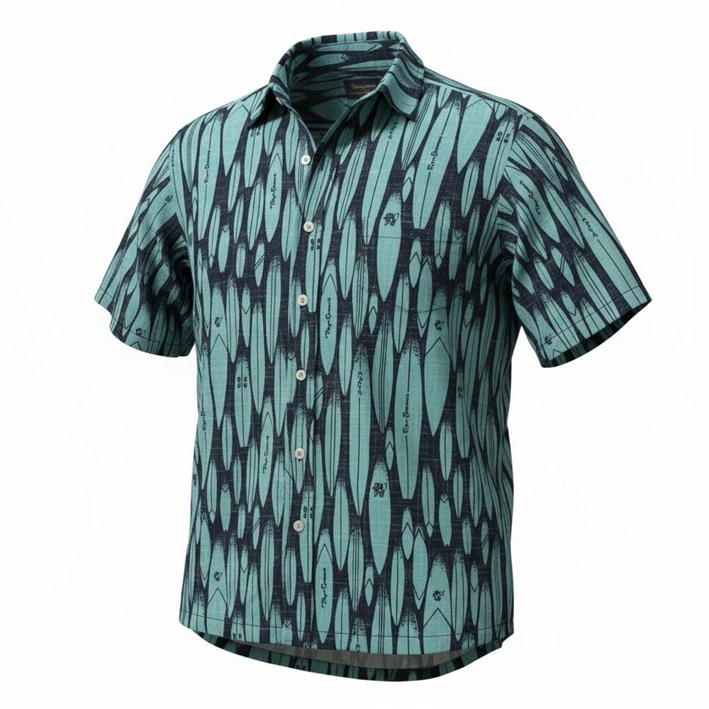 Reyn Spooner Mens Hawaiian Traditional Shirt M Blue Green Surfboard Print Butto